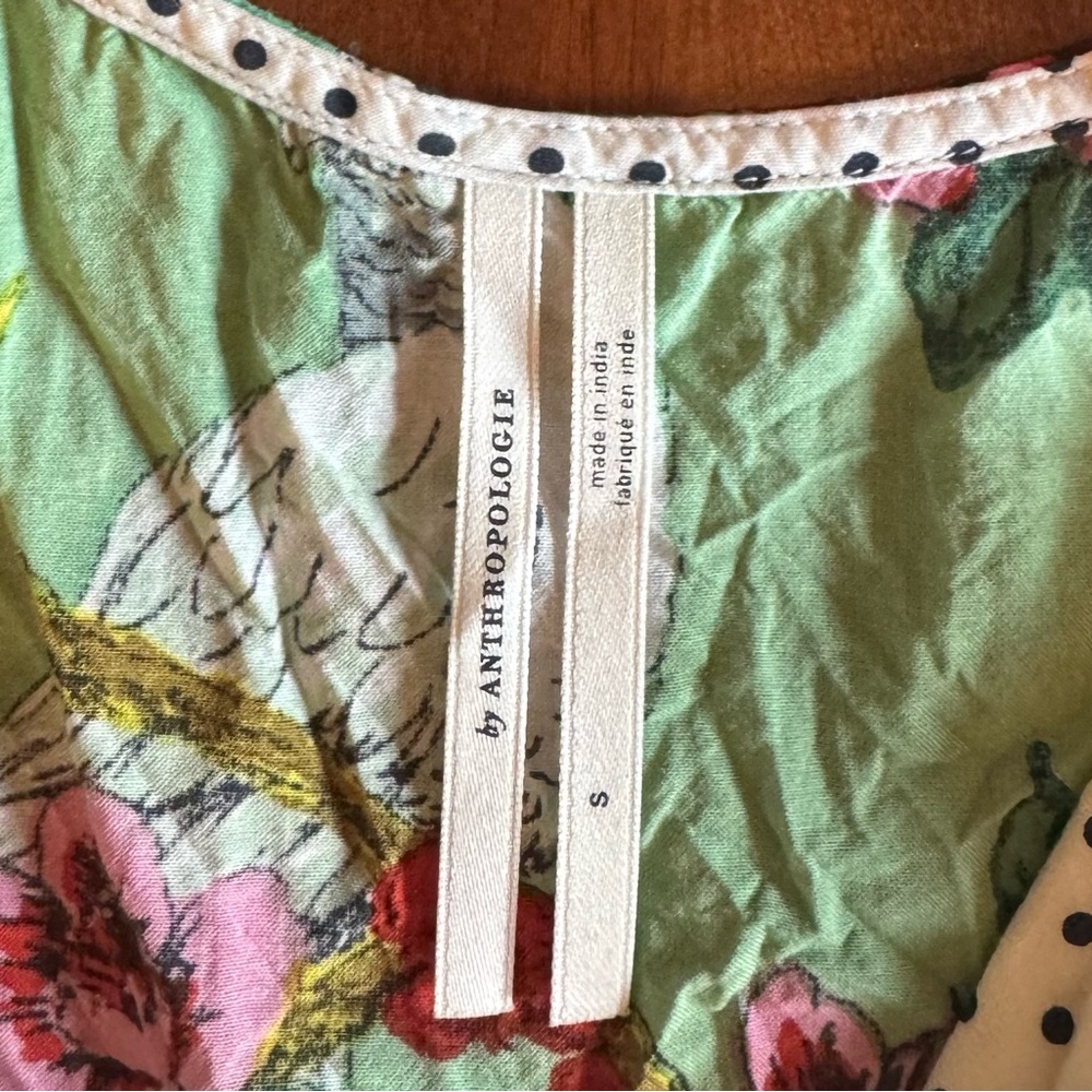 Anthropologie Green w/Pink Floral, Bird Print, Polka Dots Cami Women’s Top — S - Picture 3 of 7